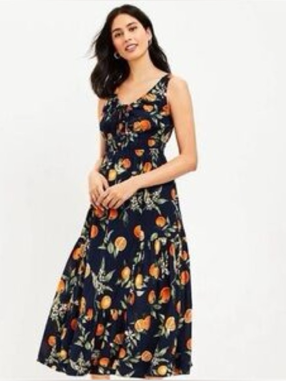 LOFT Black Midi Dress with Orange & Green Citrus Print - Picture 9 of 9